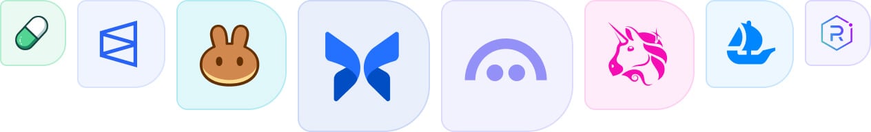 Logos of Web3 dApps including Uniswap, Jupiter, Balancer, Lido, Aave, Pump.fun, OpenSea, and 1inch.